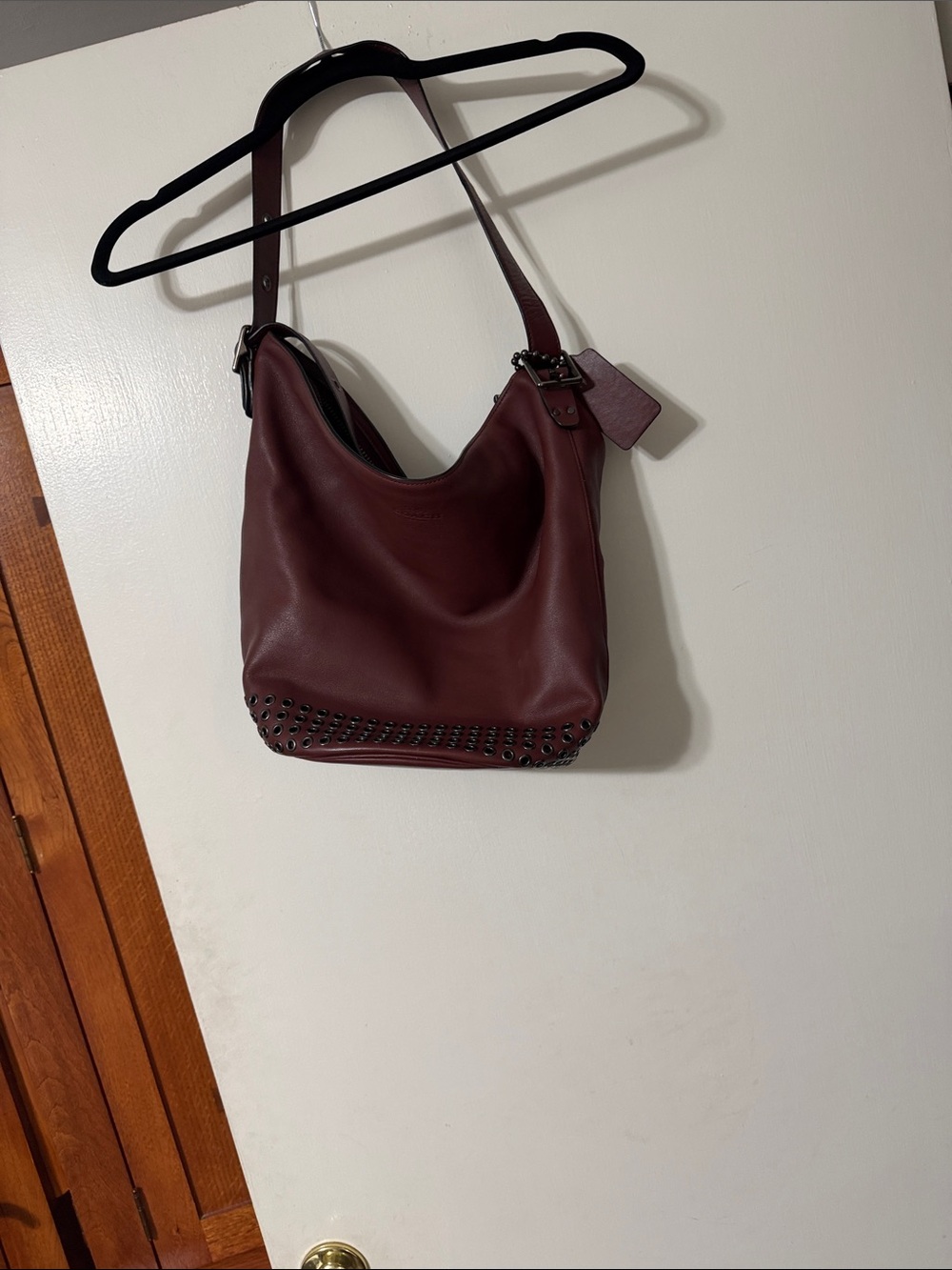 Coach Satchel with Stud-Trim Hobo Bag in Burgundy